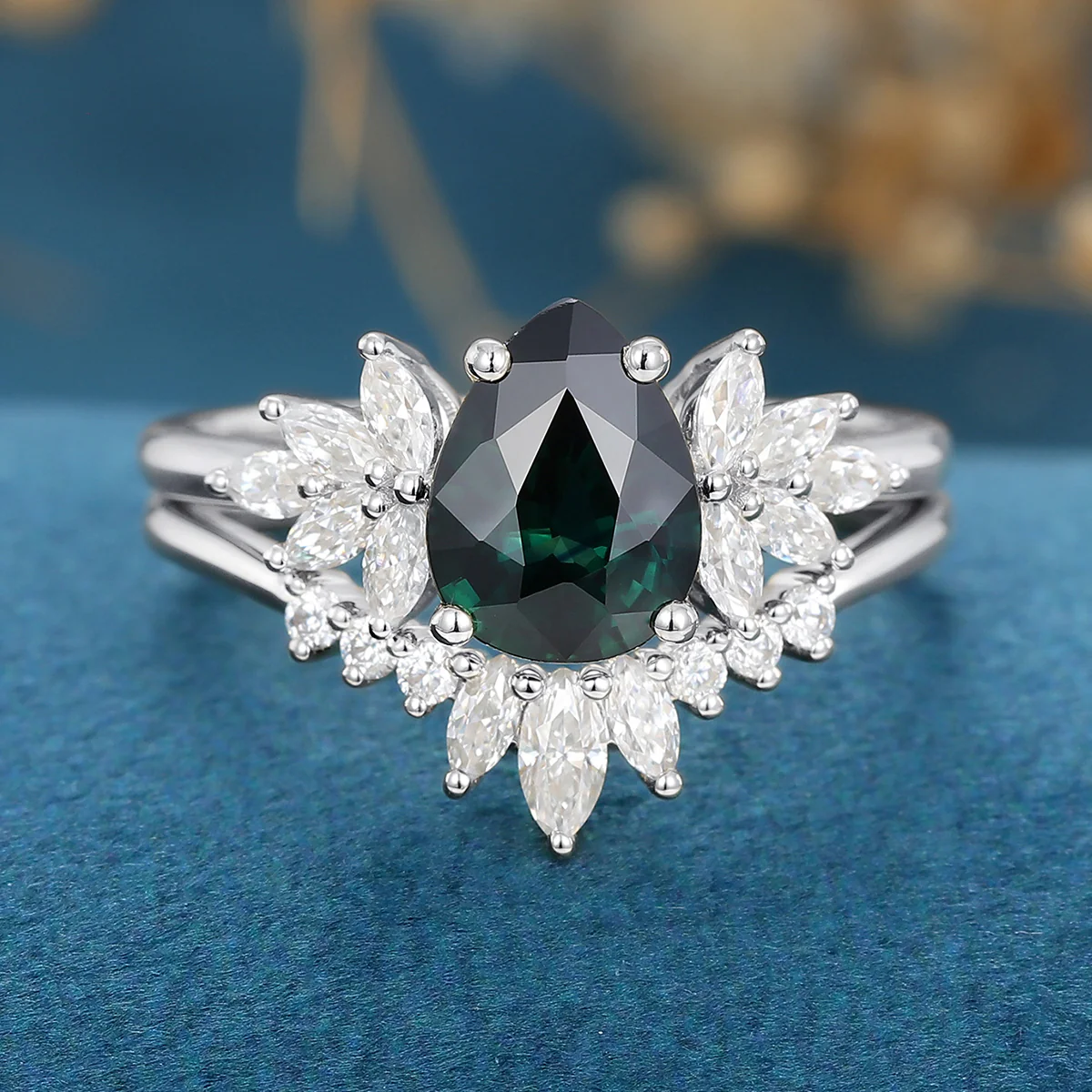 1.3Carat Pear Blue Green Sapphire Cluster Engagement Bridal Set - Image 8