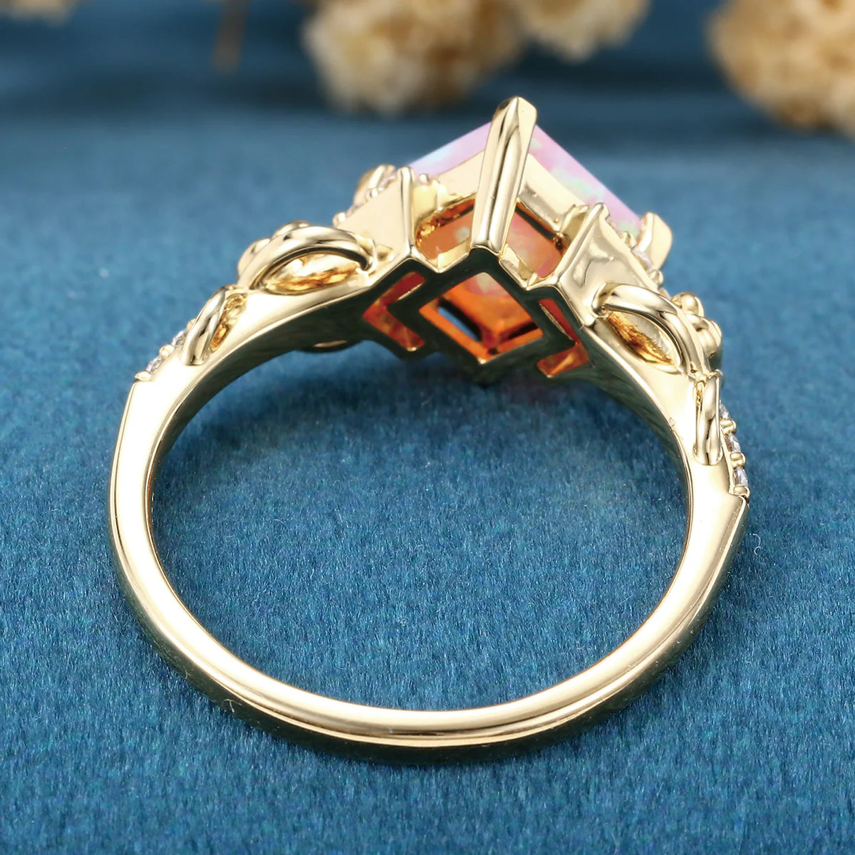 Unique Princess cut Lab Pink Opal Engagement Ring - Image 6