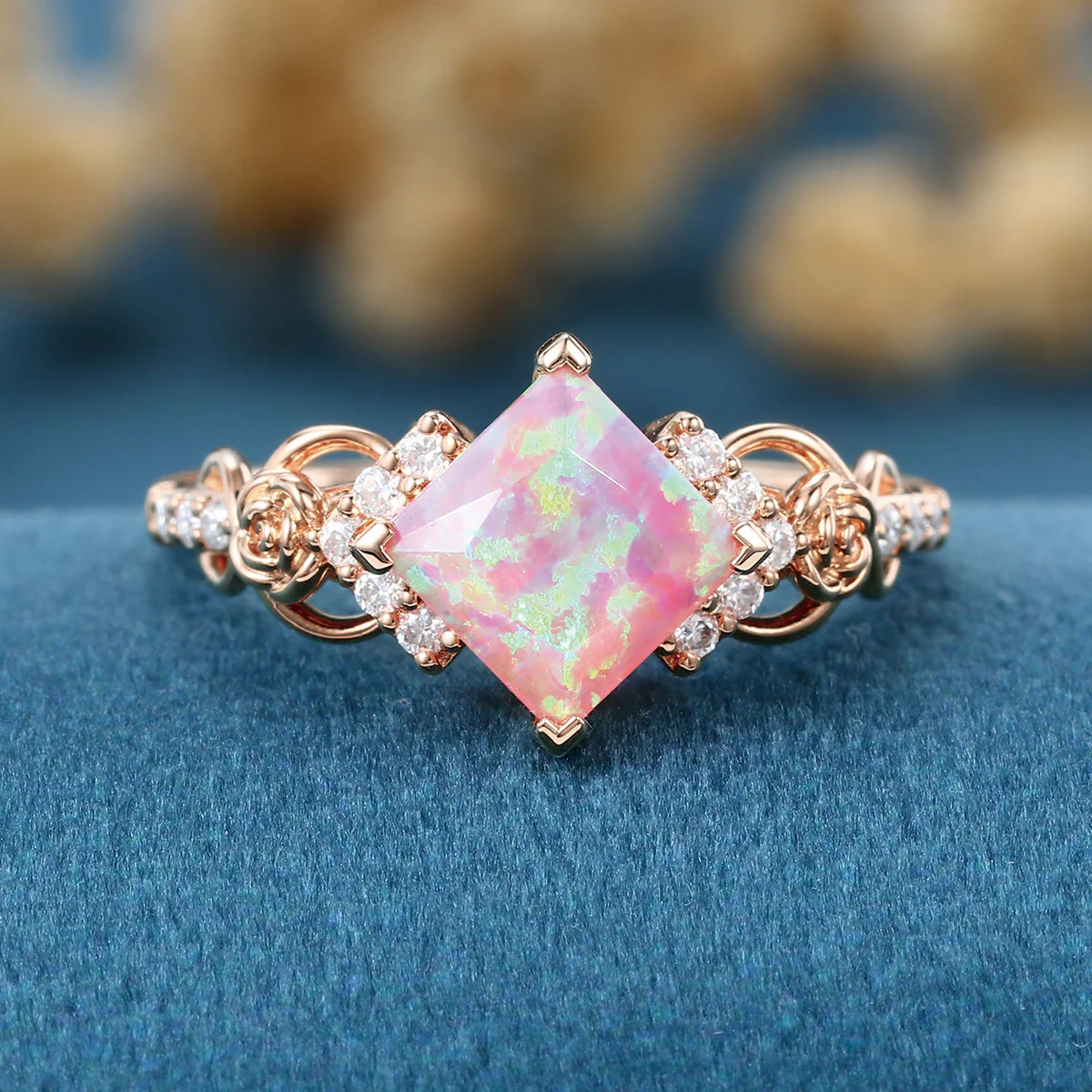 Unique Princess cut Lab Pink Opal Engagement Ring - Image 8
