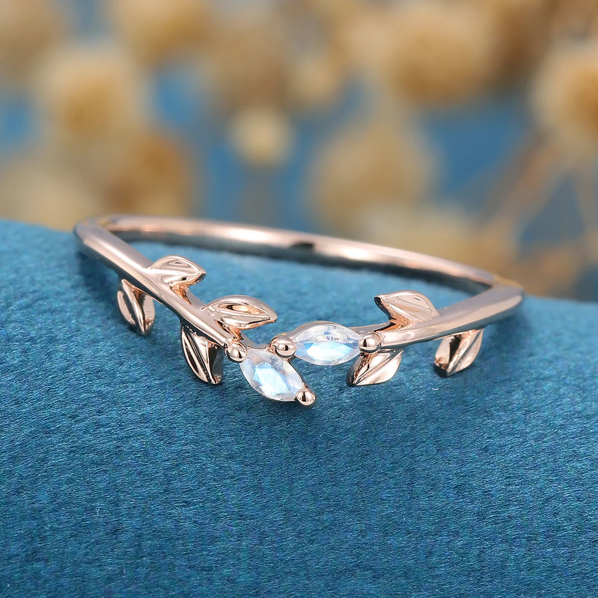 Marquise Moonstone leaf Curved Wedding Band Ring - Image 6