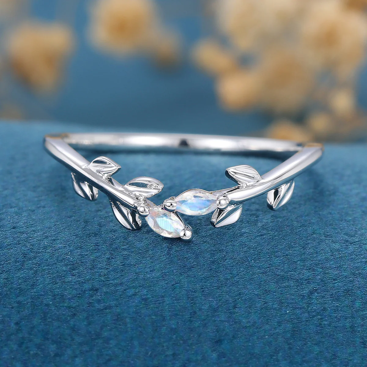 Marquise Moonstone leaf Curved Wedding Band Ring - Image 8