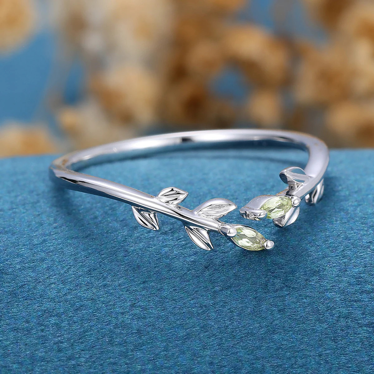 Marquise Cut Olivine leaf Curved Wedding Band Ring - Image 3