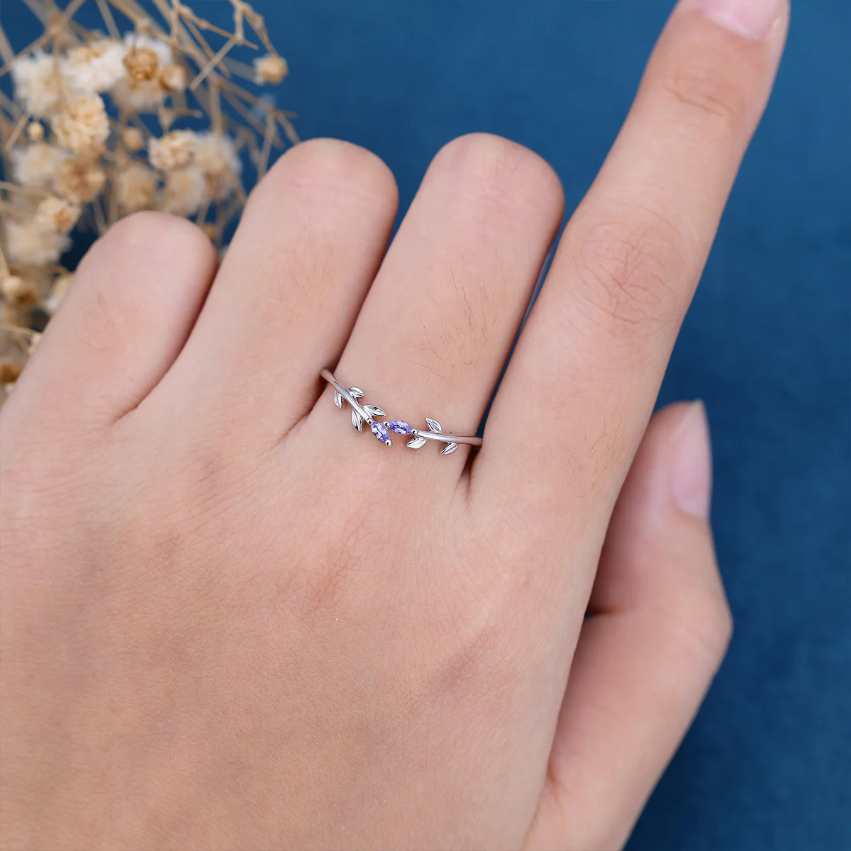 Marquise Tanzanite leaf Curved Wedding Band Ring - Image 2