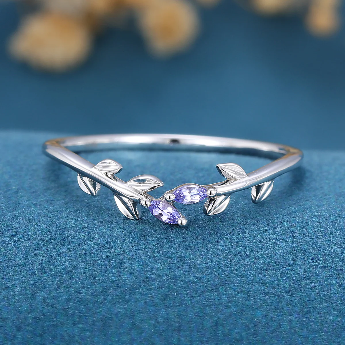 Marquise Tanzanite leaf Curved Wedding Band Ring - Image 3