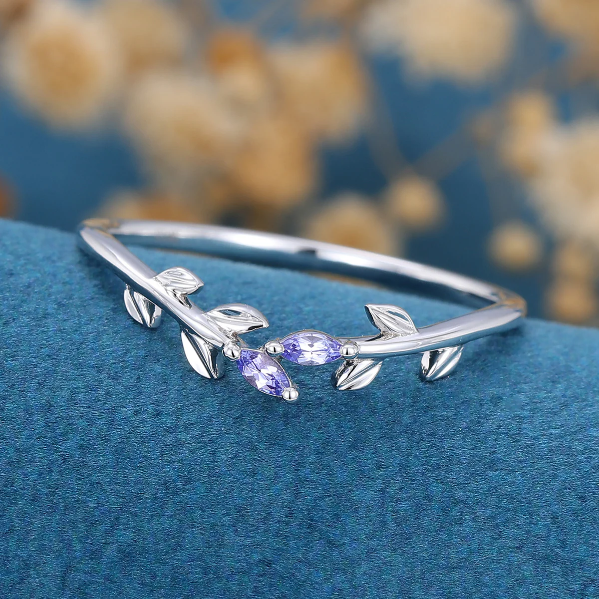 Marquise Tanzanite leaf Curved Wedding Band Ring - Image 4