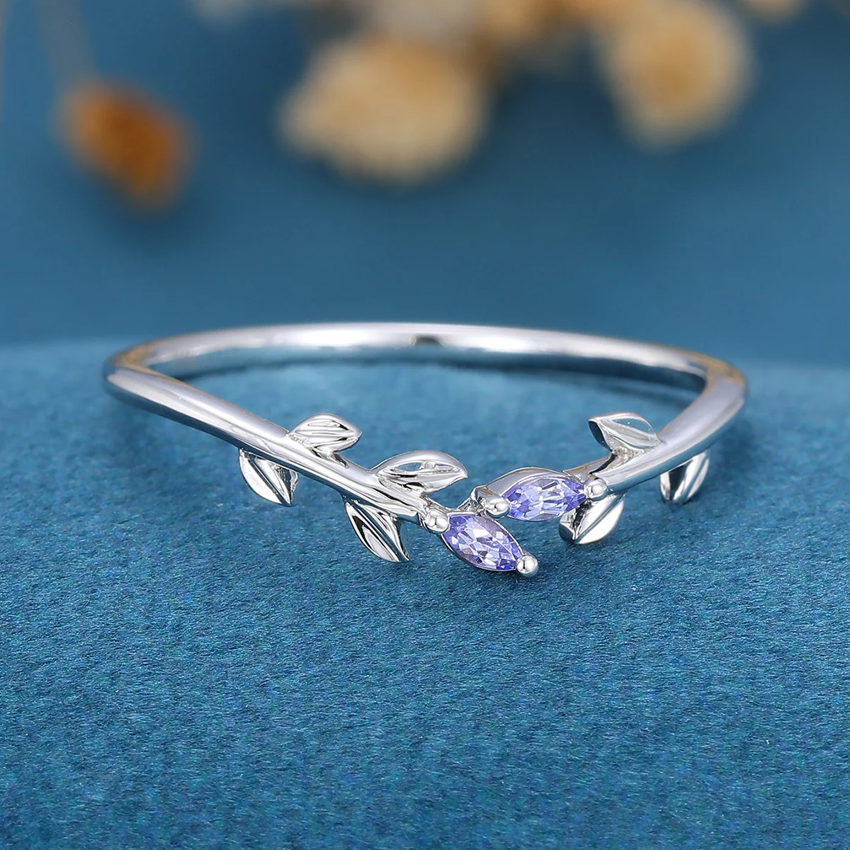 Marquise Tanzanite leaf Curved Wedding Band Ring - Image 5