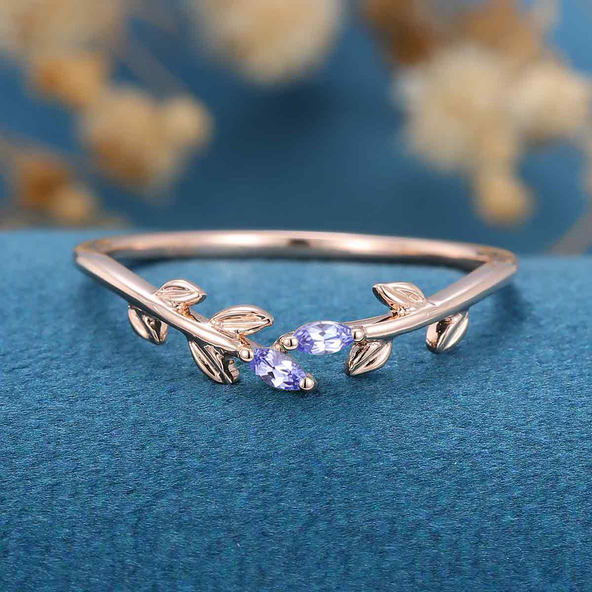 Marquise Tanzanite leaf Curved Wedding Band Ring - Image 9
