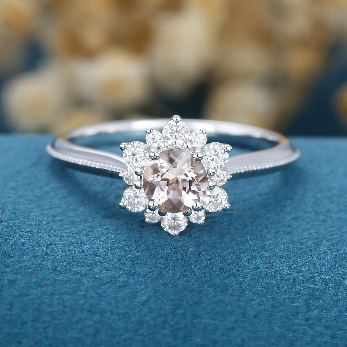 5mm Round cut Morganite Flower Halo Engagement ring - Image 3