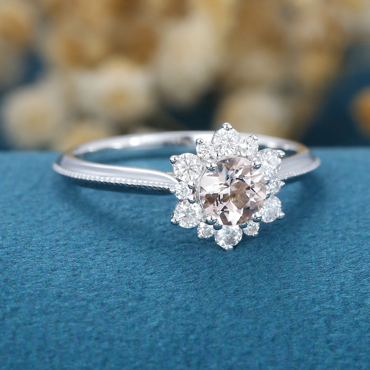 5mm Round cut Morganite Flower Halo Engagement ring - Image 4
