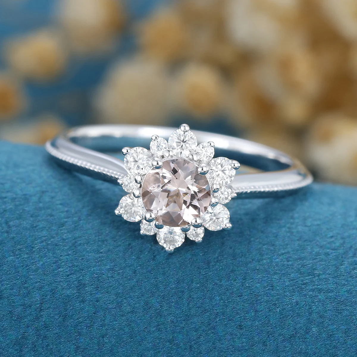 5mm Round cut Morganite Flower Halo Engagement ring - Image 5