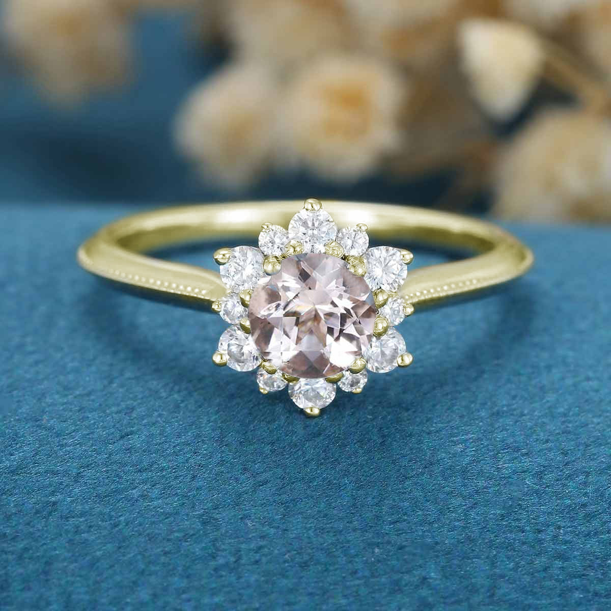 5mm Round cut Morganite Flower Halo Engagement ring - Image 7