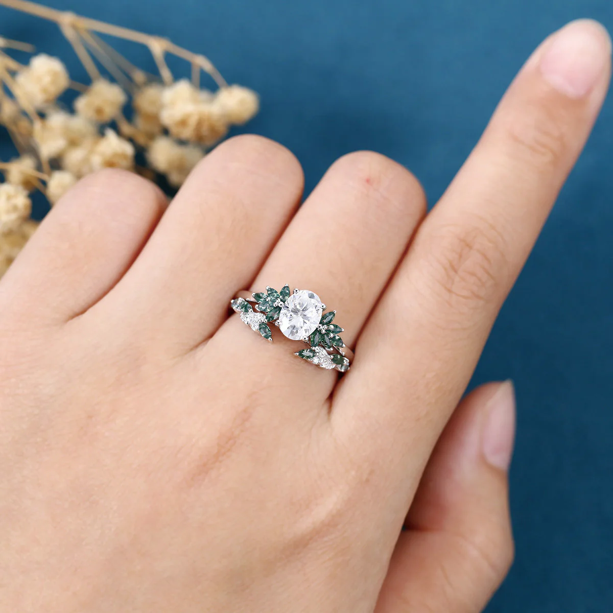 Vintage Oval cut Moissanite + Moss agate Wedding Bridal Set - Image 2