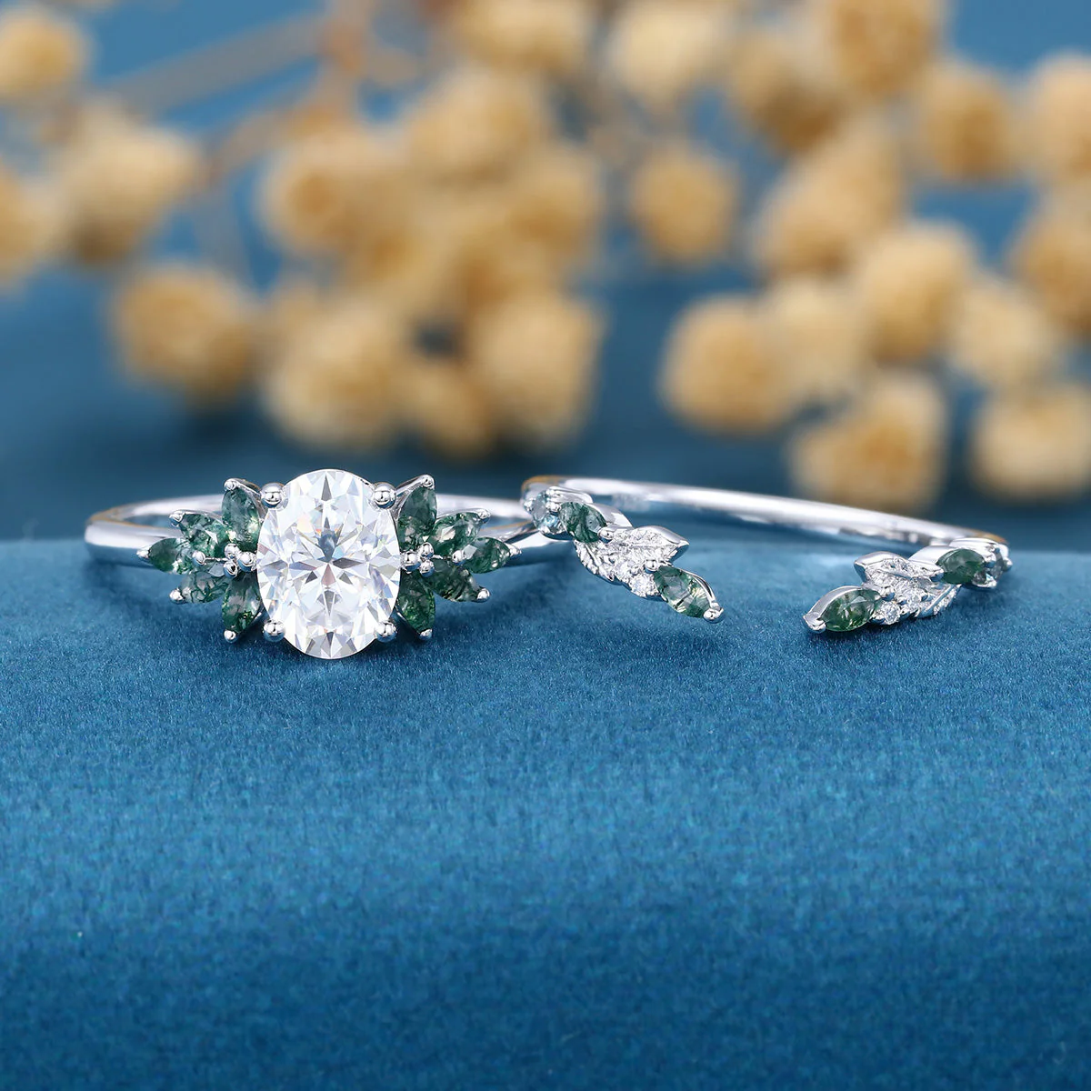 Vintage Oval cut Moissanite + Moss agate Wedding Bridal Set - Image 6