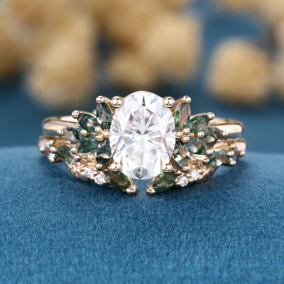Vintage Oval cut Moissanite + Moss agate Wedding Bridal Set - Image 8