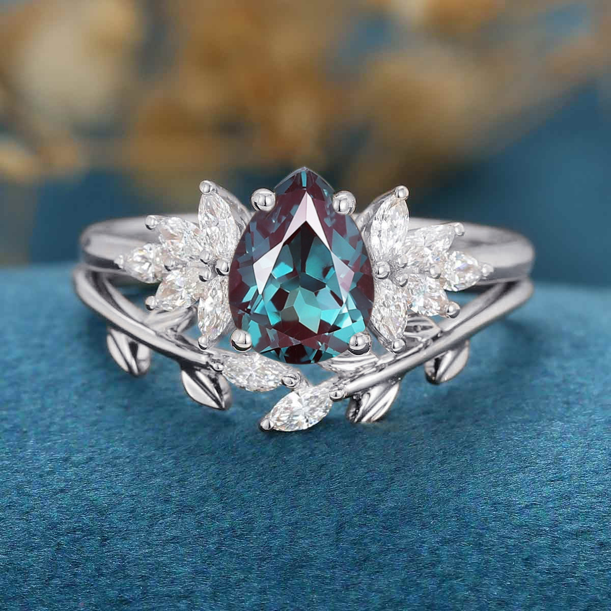 Pear cut Lab Alexandrite Engagement ring Bridal Set - Image 11