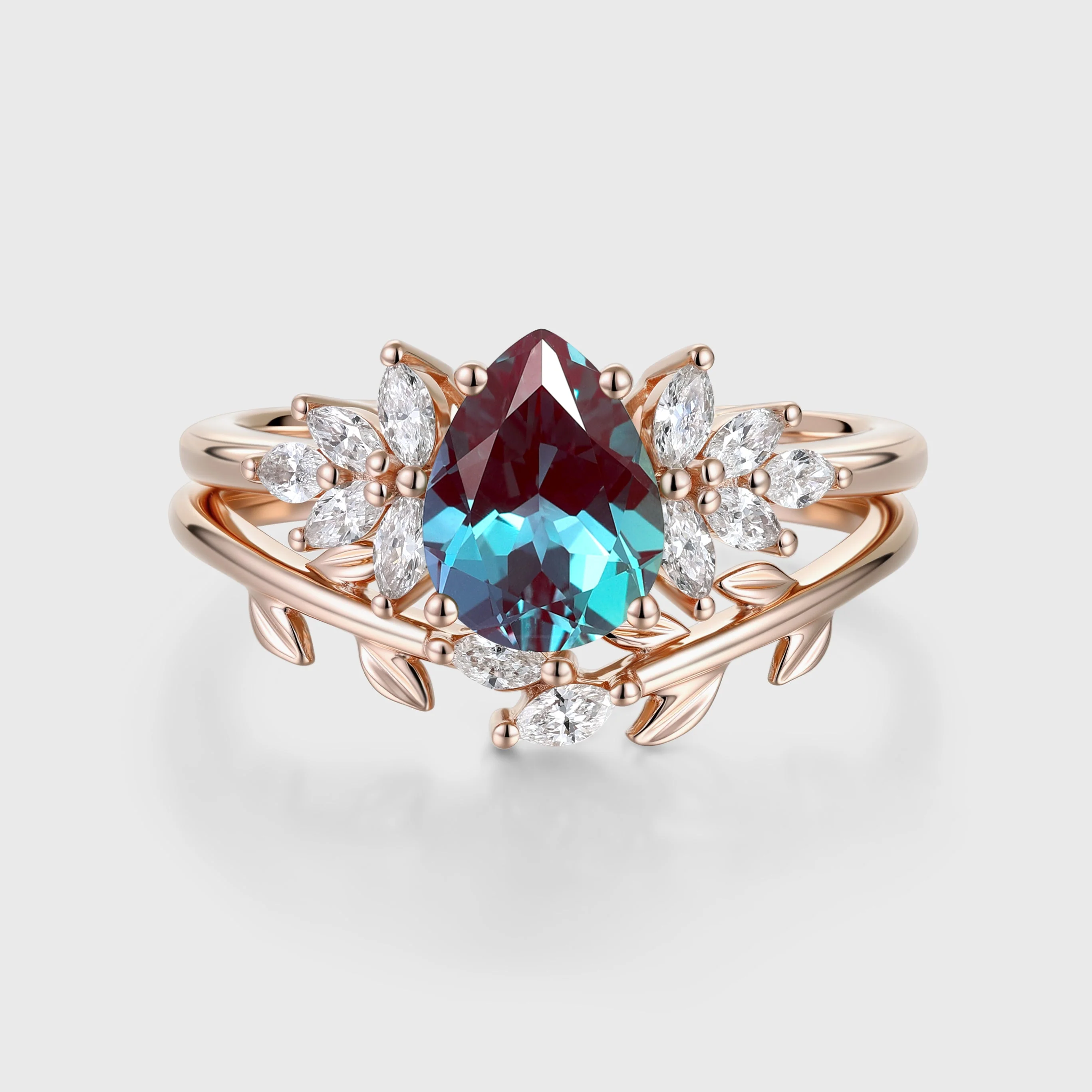 Pear cut Lab Alexandrite Engagement ring Bridal Set - Image 3