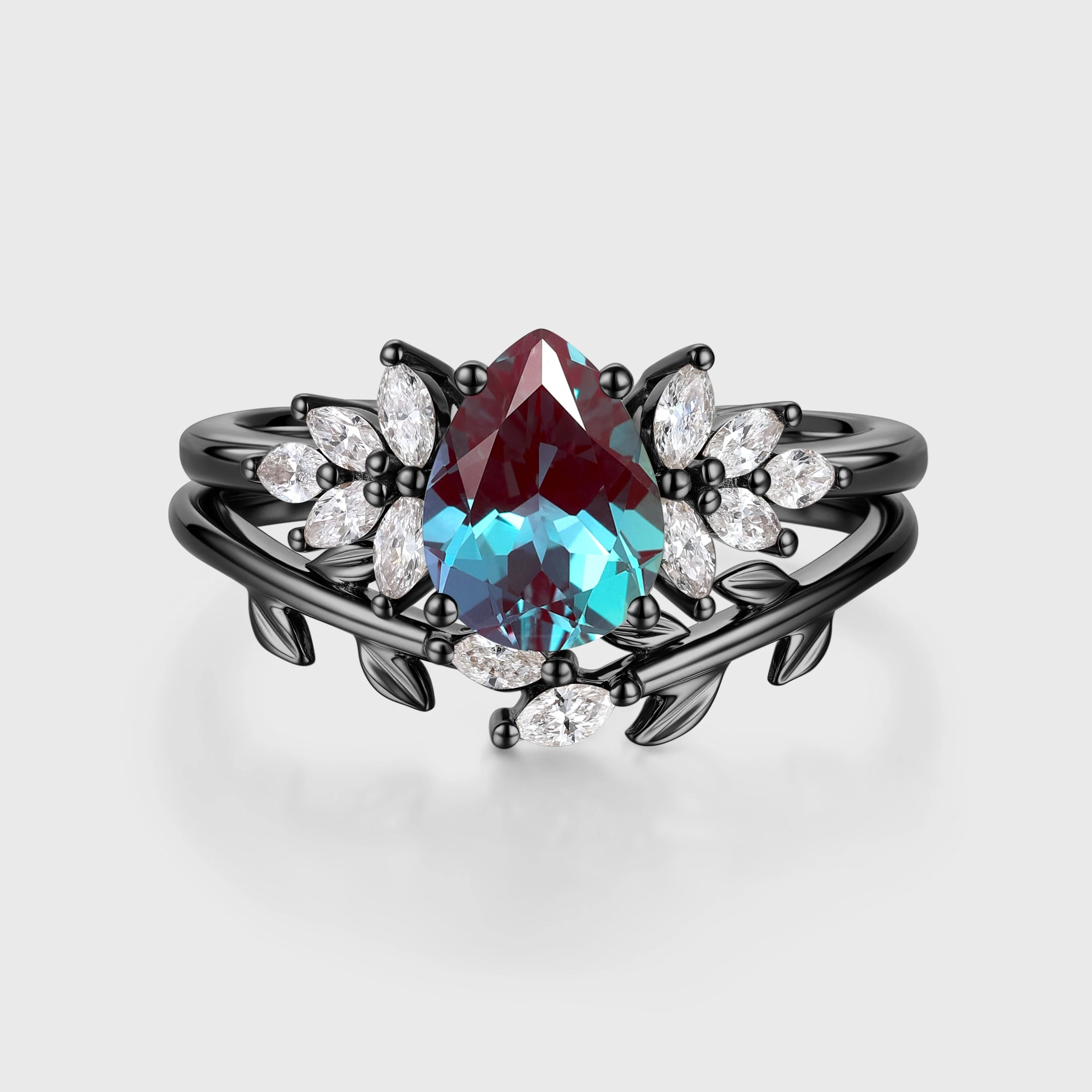 Pear cut Lab Alexandrite Engagement ring Bridal Set - Image 5