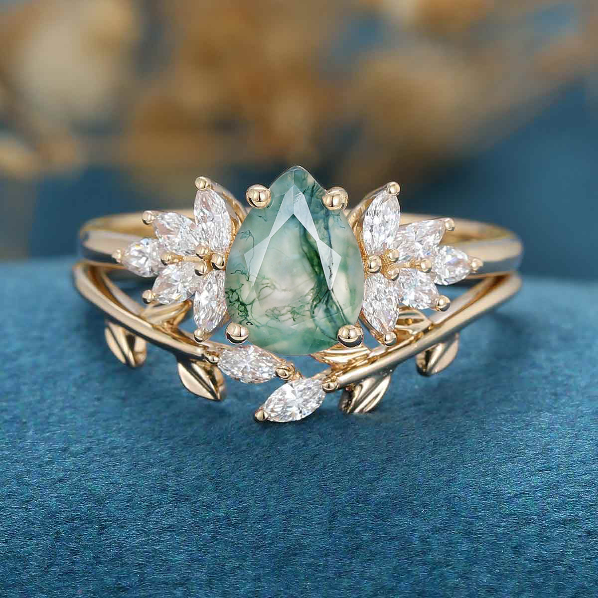 Moss Agate Natural Green Pear cut Engagement ring Bridal Sets - Image 10