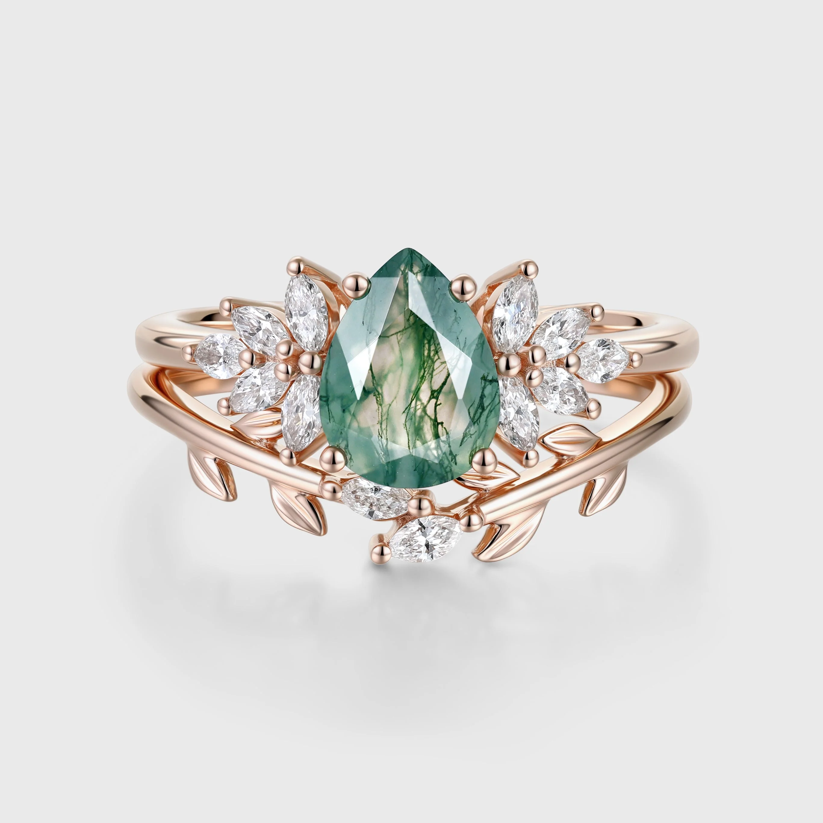 Moss Agate Natural Green Pear cut Engagement ring Bridal Sets - Image 3