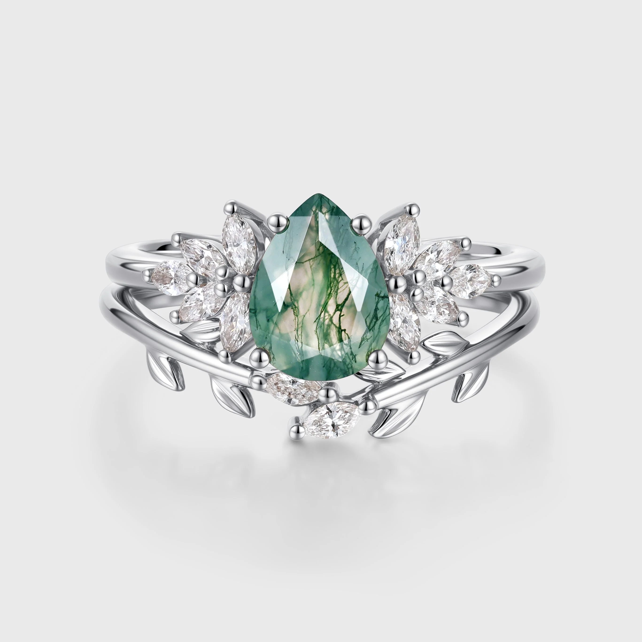 Moss Agate Natural Green Pear cut Engagement ring Bridal Sets - Image 4