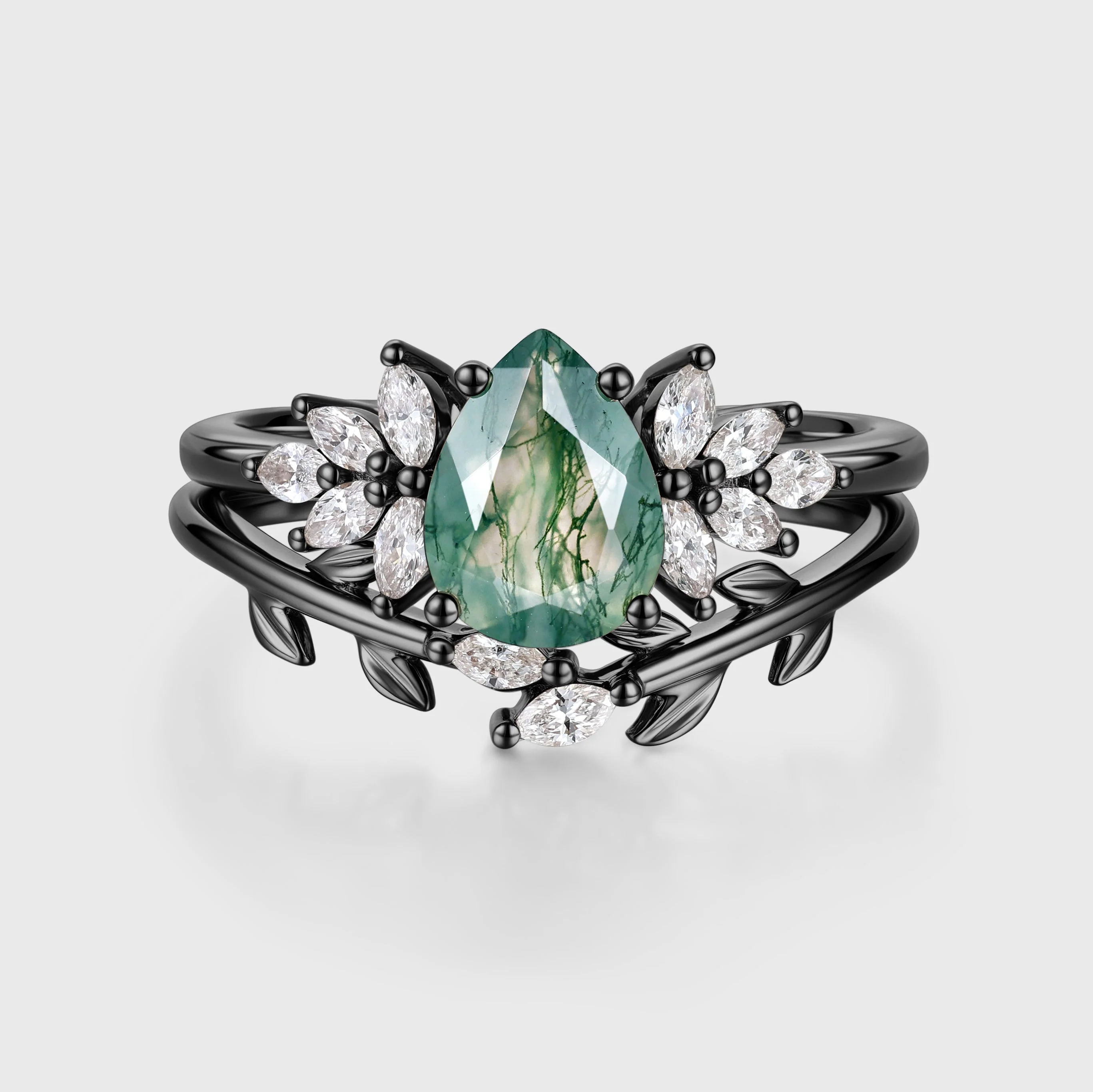 Moss Agate Natural Green Pear cut Engagement ring Bridal Sets - Image 5