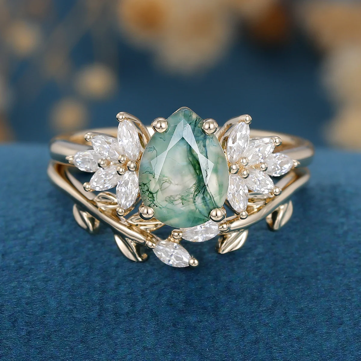 Moss Agate Natural Green Pear cut Engagement ring Bridal Sets - Image 6