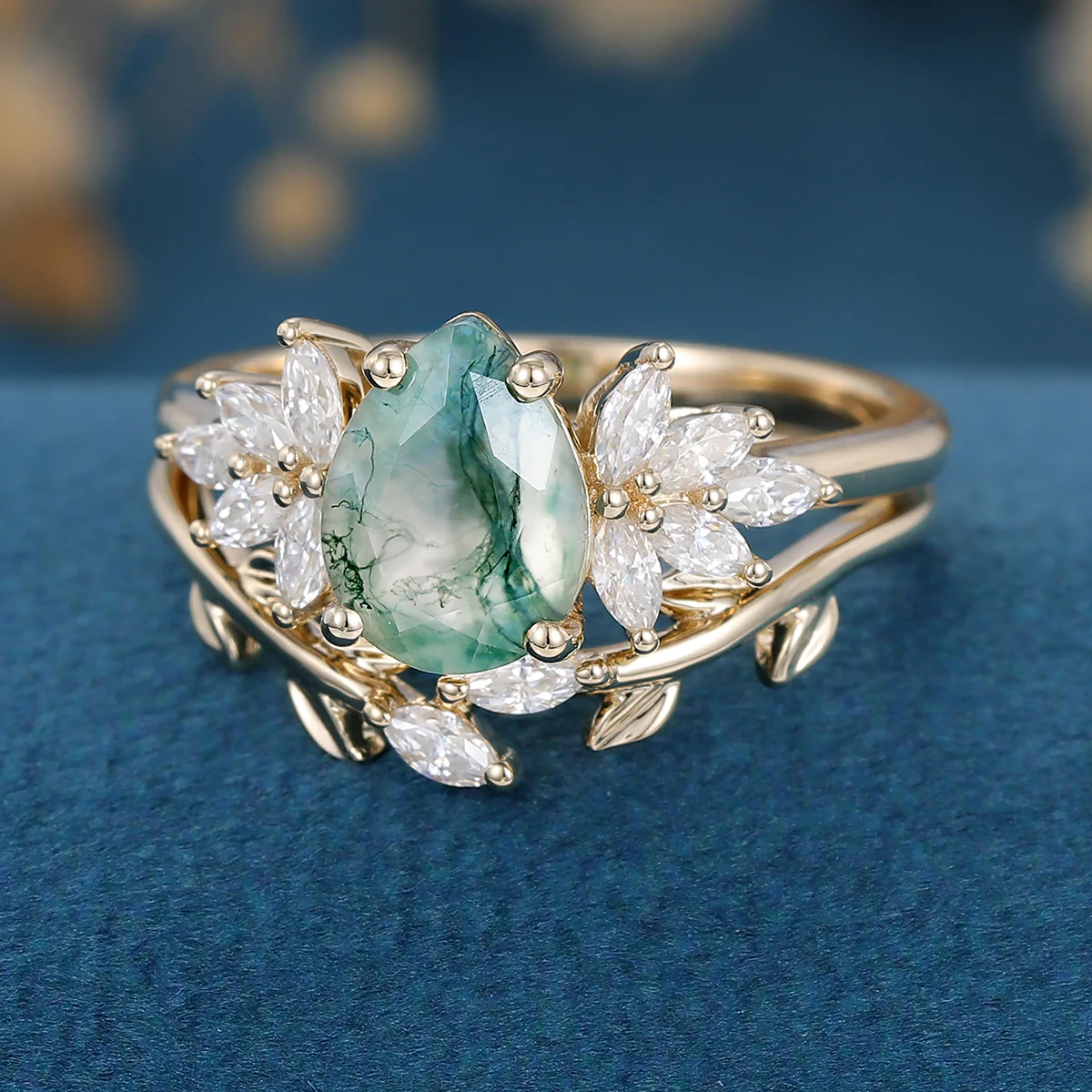 Moss Agate Natural Green Pear cut Engagement ring Bridal Sets - Image 7