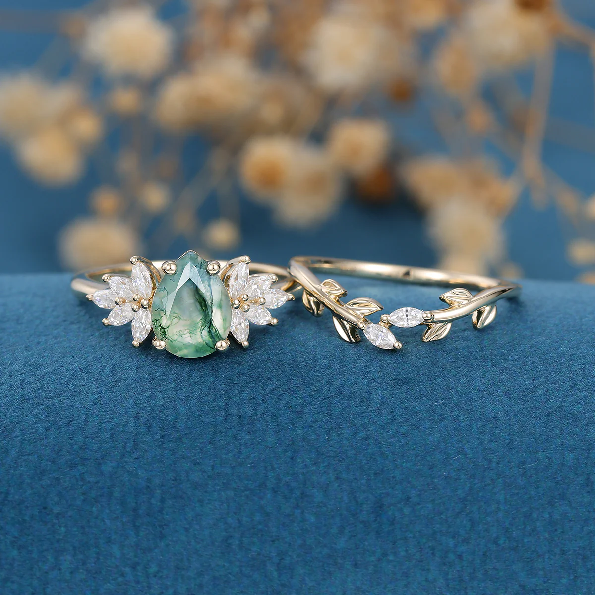 Moss Agate Natural Green Pear cut Engagement ring Bridal Sets - Image 8