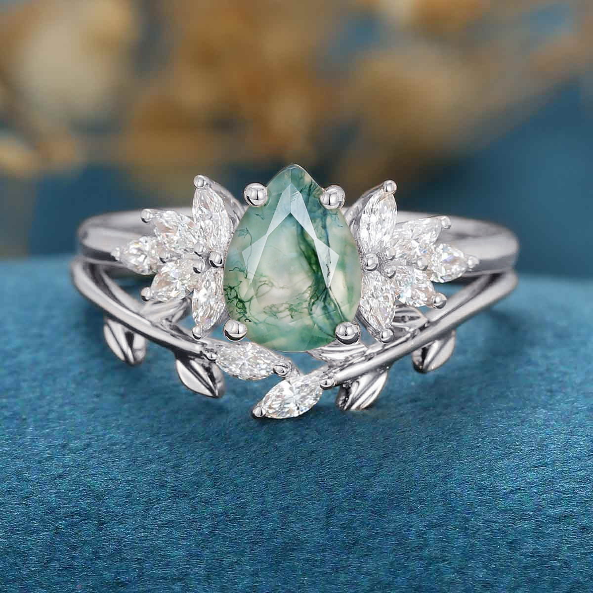 Moss Agate Natural Green Pear cut Engagement ring Bridal Sets - Image 9