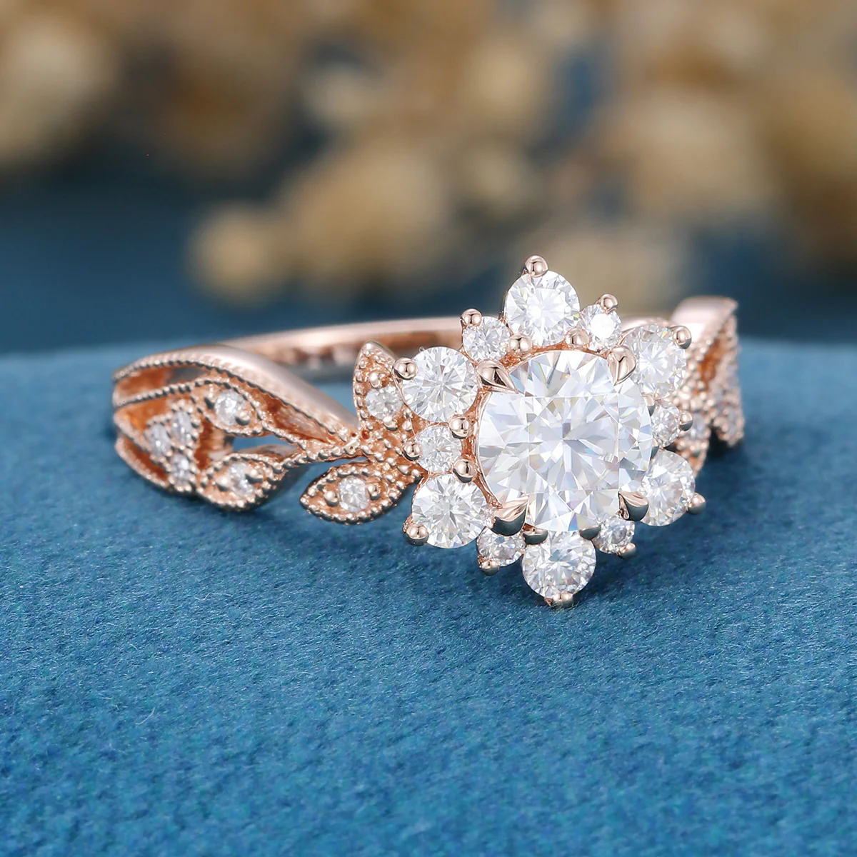 Vintage Round cut Moissanite Cluster Engagement Ring Set - Image 3