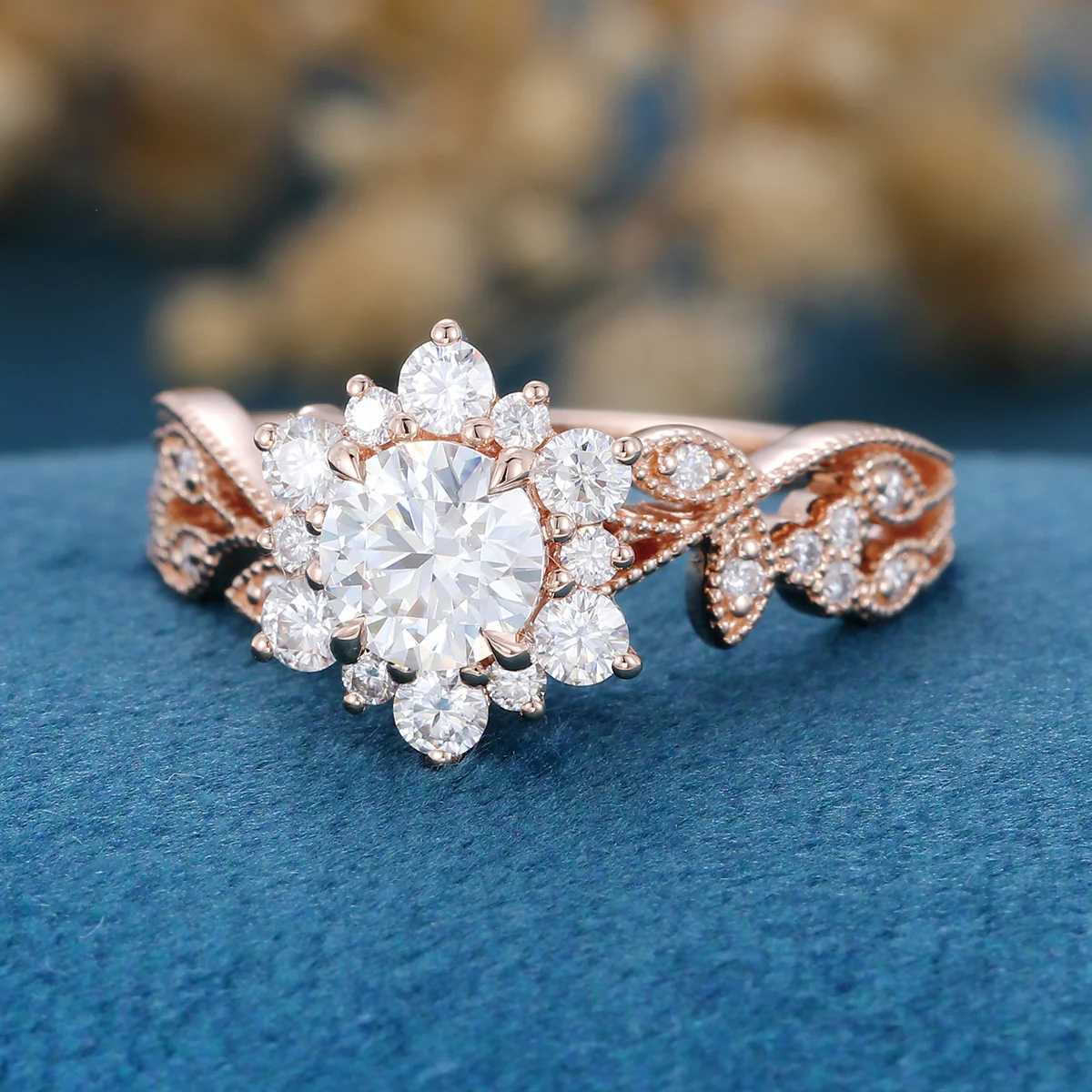 Vintage Round cut Moissanite Cluster Engagement Ring Set - Image 4