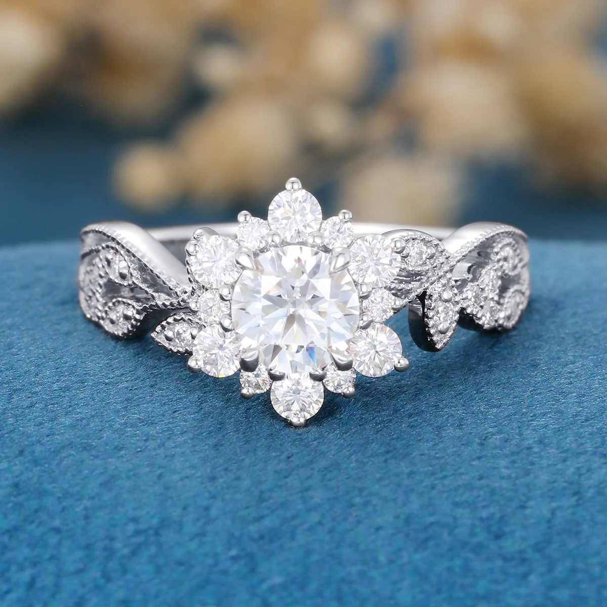 Vintage Round cut Moissanite Cluster Engagement Ring Set - Image 7