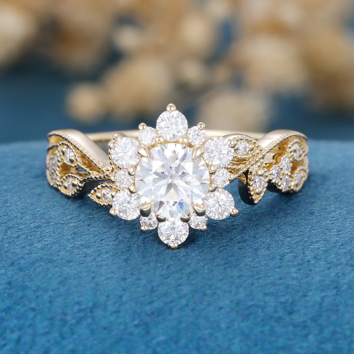 Vintage Round cut Moissanite Cluster Engagement Ring Set - Image 8