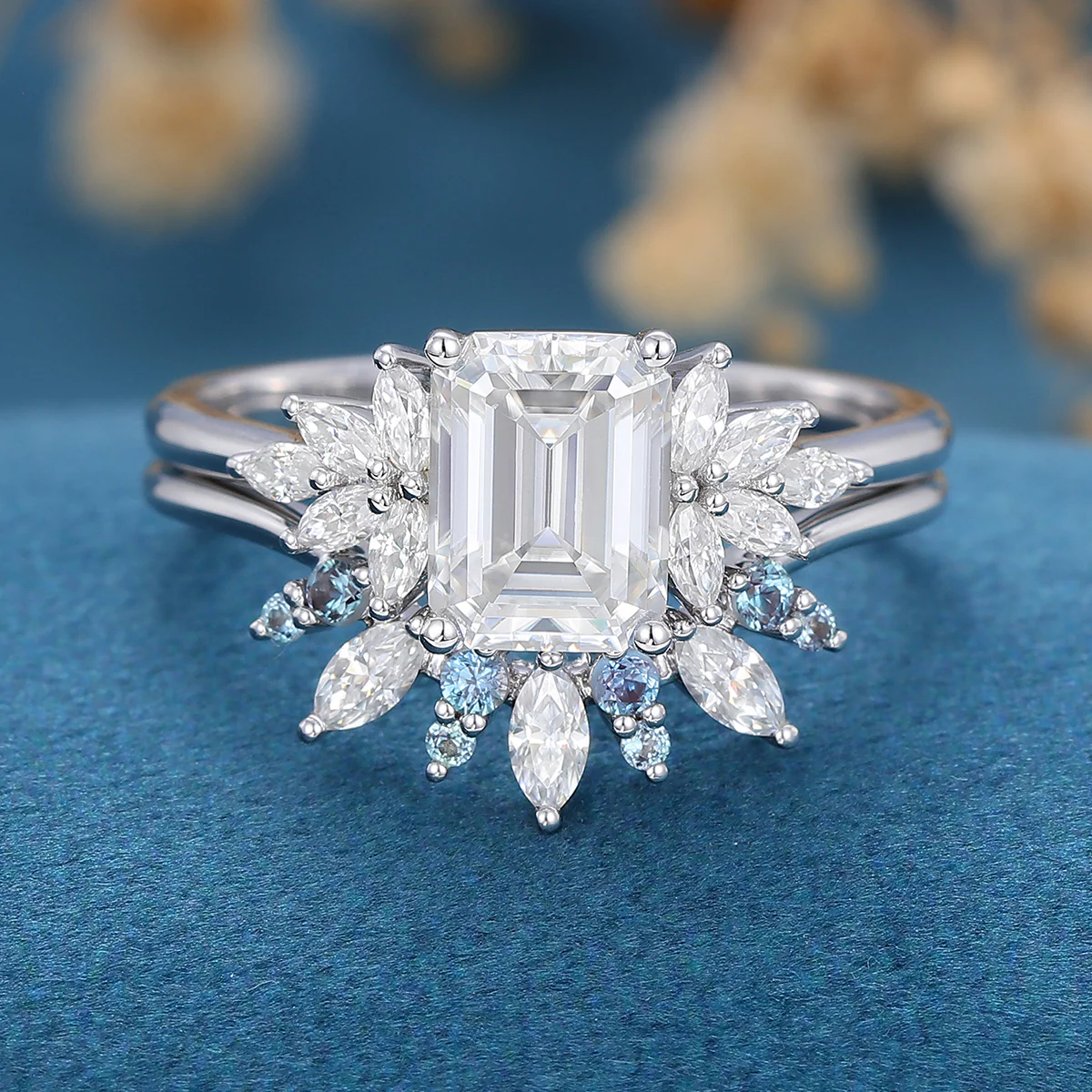 1.7 Carat Emerald cut Moissanite Engagement Ring Lab Alexandrite Bridal Set - Image 5