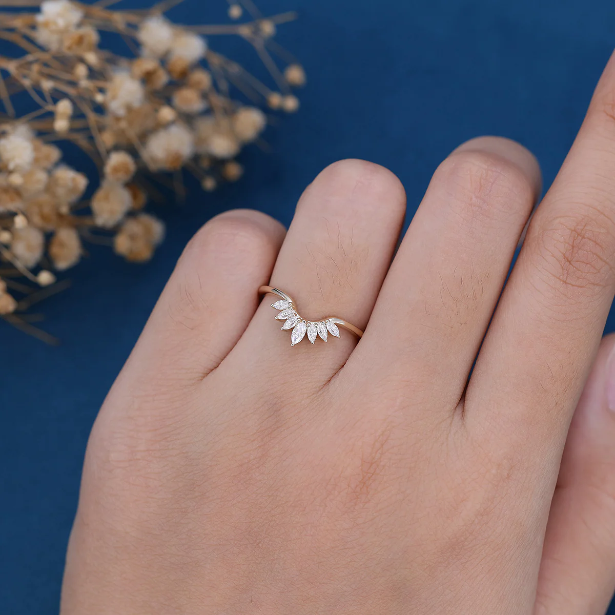 Marquise cut Moissanite Curved Wedding Band Ring - Image 2